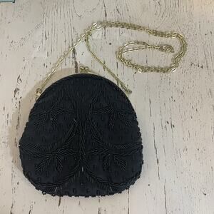 Black Beaded‎ Sequin Purse Evening Bag Gold Chain Strap Glam Formal Dance Prom